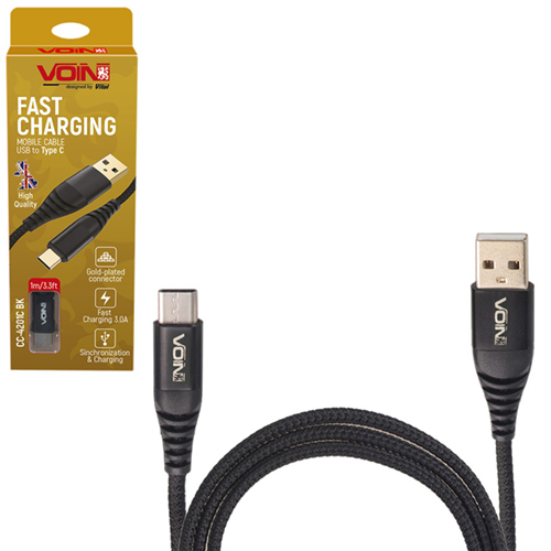 451852 Кабель VOIN USB - Type C 3А, 1m, black (швидка зарядка/передача даних) - Зображення 1