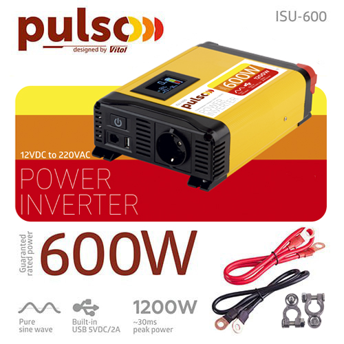 Перетворювач напруги PULSO/ISU- 600/12V-220V/600W/LCD/USB-5VDC2.0A/син.хвиля/клеми