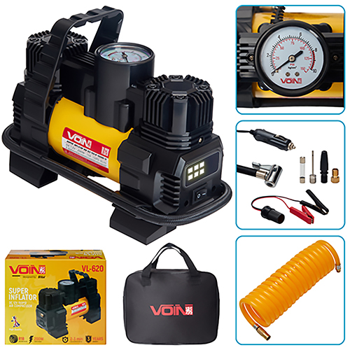 Компресор автомобільний "VOIN" VL-620 150psi/15A/85л/прикур./лiхтар/перехідник на клеми/2 циліндра