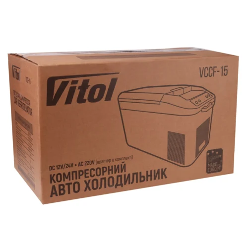 Компресорний автохолодильник Vitol VCCF-15 15 л, 12/24/220 В — фірмова картонна упаковка товару