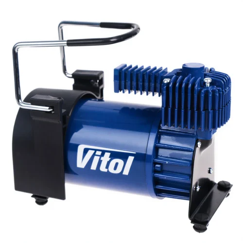 Компресор VITOL K-55 12 В у синьому металевому корпусі, боковий вигляд з ручкою та ребрами охолодження