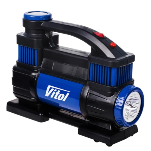 Автомобільний компресор Vitol K-70 150 PSI, 90 л/хв, 25 А — загальний вигляд із вбудованим LED-ліхтарем