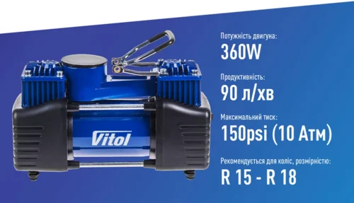 Інфографіка автомобільного компресора Vitol K-72 — потужність 360 Вт, продуктивність 90 л/хв, тиск 150 PSI та рекомендації щодо розміру коліс