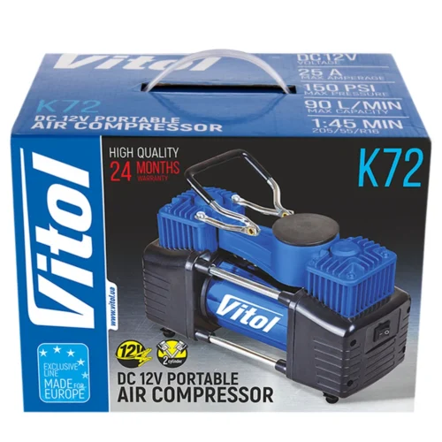 Упаковка автомобільного компресора Vitol K-72 150 PSI, 90 л/хв — фронтальний вигляд коробки