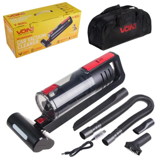 Повний комплект автопилососа VOIN V-80CL з насадками, шлангом, сумкою та зарядним кабелем