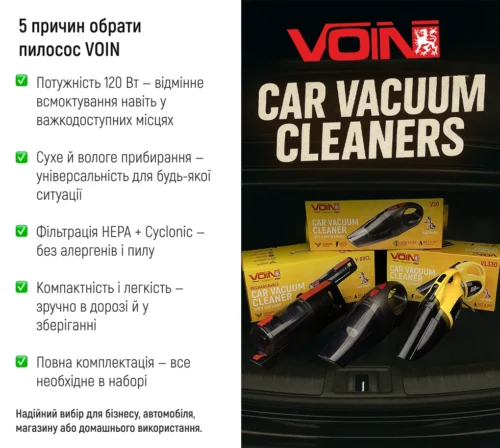 Основні переваги автомобільного пилососа VOIN — потужність, HEPA фільтр, компактність