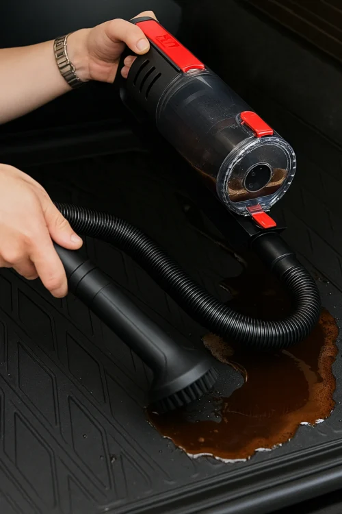 Автопилосос VOIN V-80CL прибирає розлиту рідину в салоні автомобіля