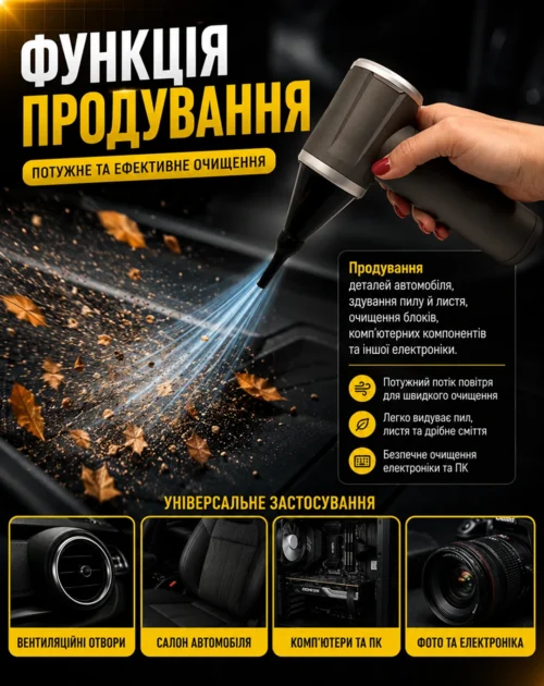 Банер функції продування пилососа-повітродувки VOIN V-85CL для очищення авто, електроніки та вентиляції