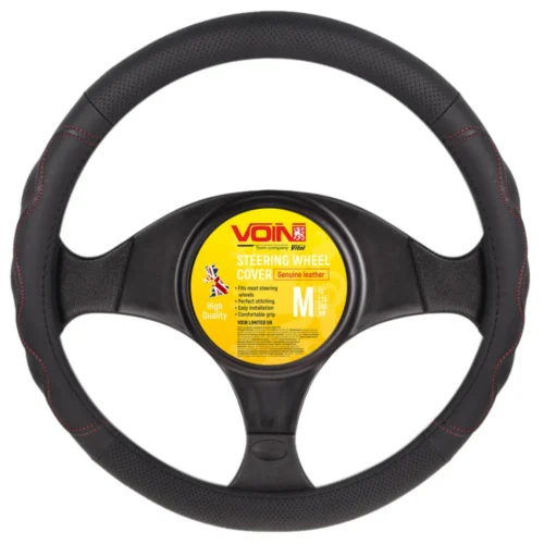 Чохол на кермо Voin VLOD-L283 M з перфорованої шкіри чорно-червоний вигляд спереду