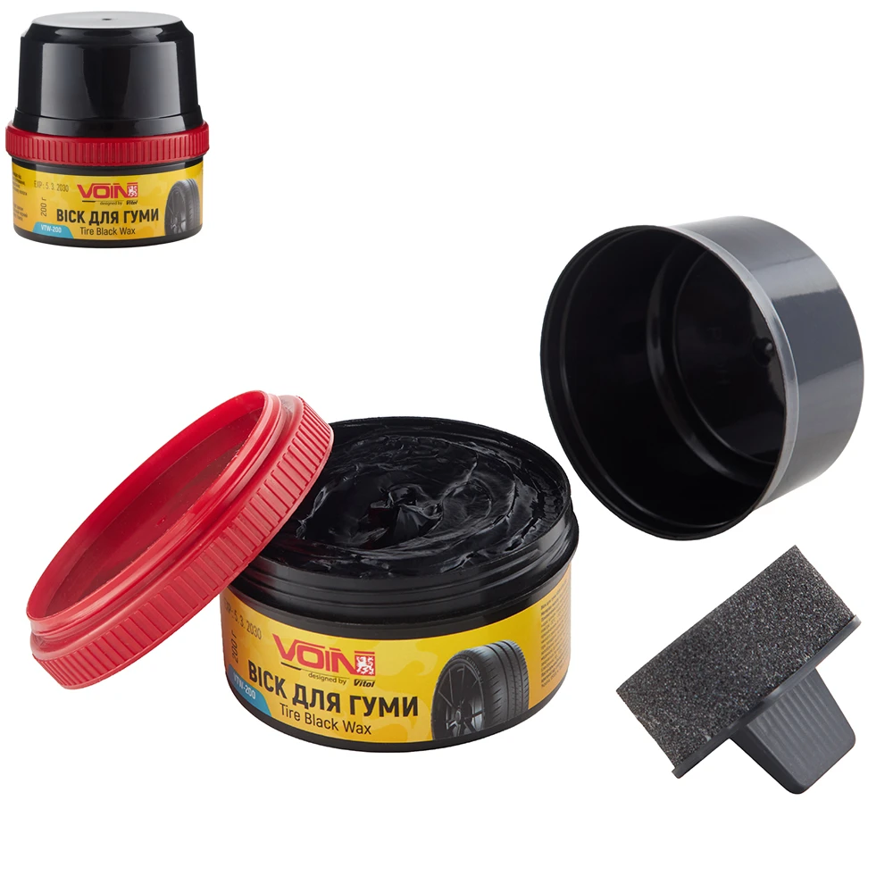 Чорніння для шин VOIN Tire Black Wax 200 г — комплект з аплікатором Чорніння для шин VOIN Tire Black Wax VTW-200 200 г — паста з аплікатором та відкритою банкою