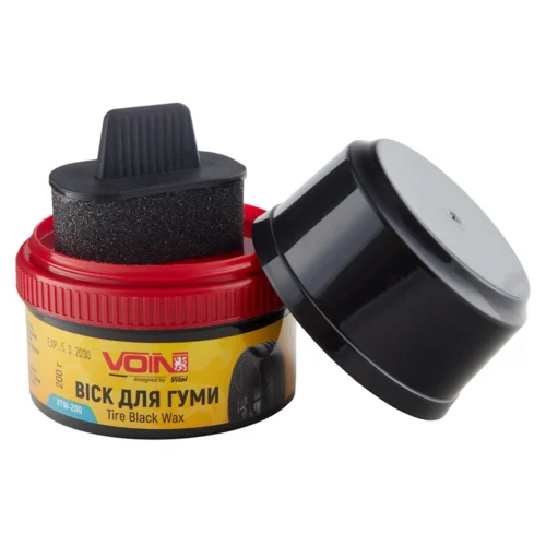 Чорніння для шин VOIN Tire Black Wax 200 г — аплікатор у банці та відкрита кришка