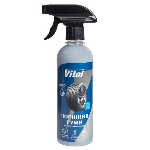 Чорніння гуми VITOL 400 мл на силіконовій основі — спрей для догляду та відновлення кольору шин