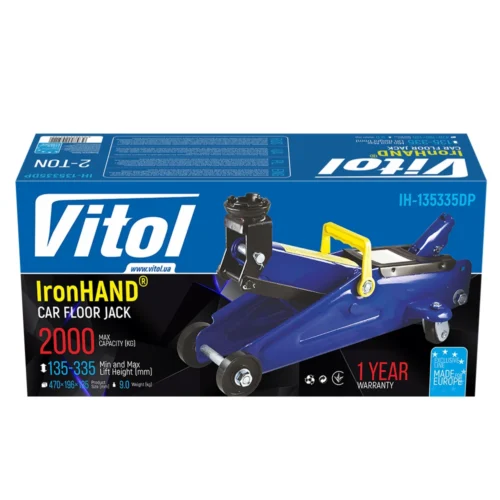 Упаковка гідравлічного підкатного домкрата Iron Hand IH-135335DP 2 т у фірмовій коробці Vitol