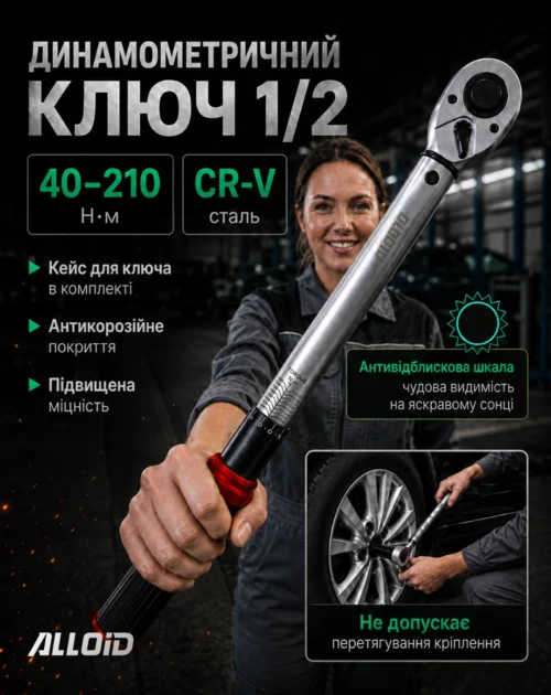 Динамометричний ключ Alloid 1/2"DR 40–210 Нм CR-V — інфографіка з основними перевагами та характеристиками