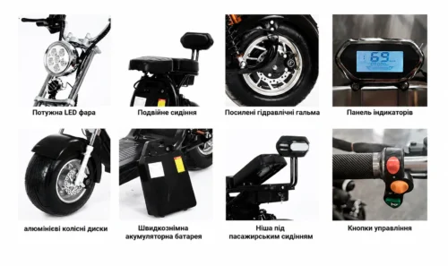 Функції електроскутера ROODER Citycoco Long Black — LED фара, подвійне сидіння, панель приладів, акумулятор та органи керування