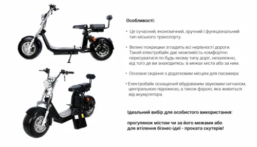 Електроскутер ROODER Citycoco Long 1500W 60V12Ah Black — інфографіка з описом основних переваг та особливостей