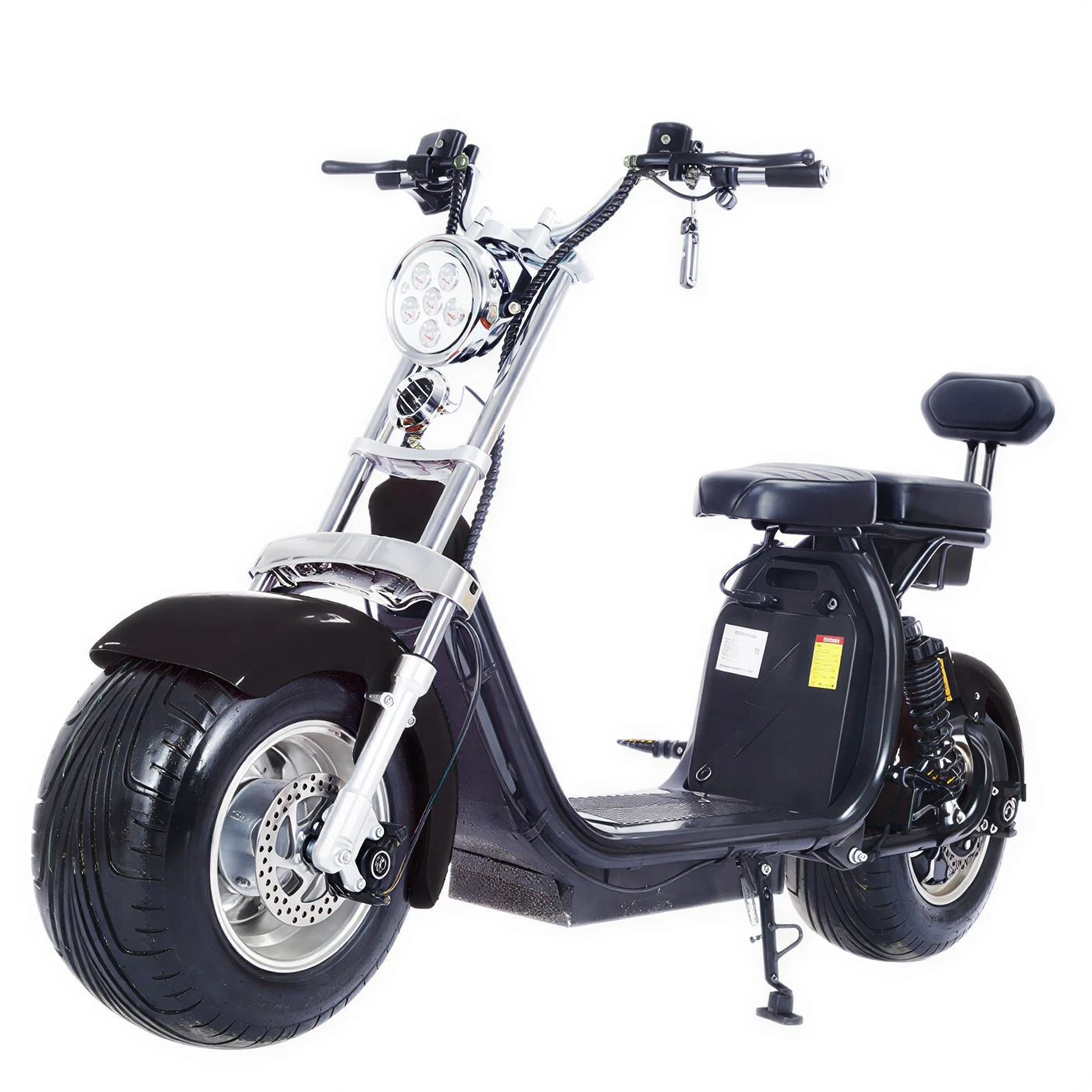 Електроскутер ROODER Citycoco Long 1500W 60V12Ah Black — загальний вигляд Електроскутер ROODER Citycoco Long 1500W 60V12Ah Black — загальний вигляд спереду під кутом на білому фоні