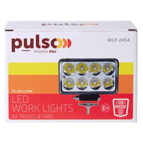 Упаковка фари робочої Pulso WLP-24S4 LED 24W 6000K IP68 з основними характеристиками виробу