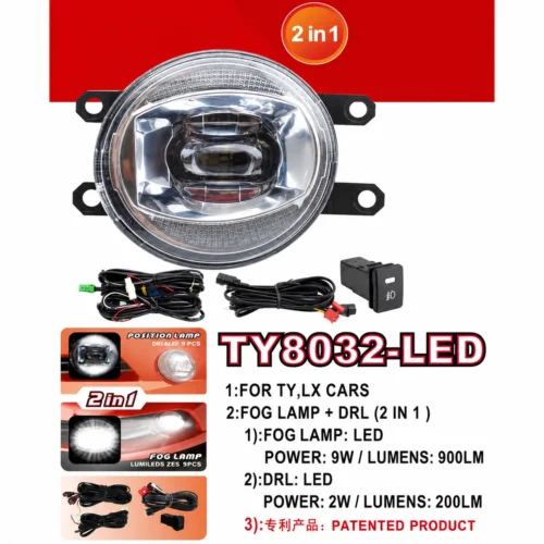 Інфографіка фар DLAA TY-8032-LED 2в1 FOG/DRL для Toyota Cars із технічними характеристиками та комплектацією