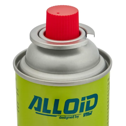 Газовий балон ALLOID 220 г — крупний план клапана та захисної кришки