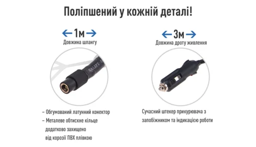 Інфографіка компресора Vitol K-60 з довжиною шланга 1 м, кабелю живлення 3 м та латунним конектором