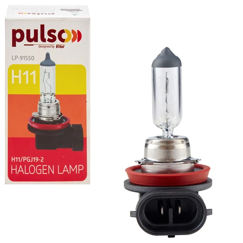 Лампа галогенна PULSO H11 PGJ19-2 12V 55W прозора — загальний вигляд лампи та упаковки
