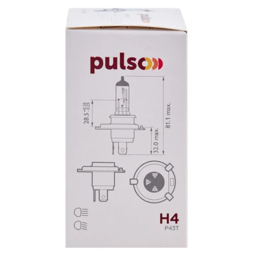 Схема розмірів і цоколя лампи PULSO H4 P43T 12V 60/55W на упаковці