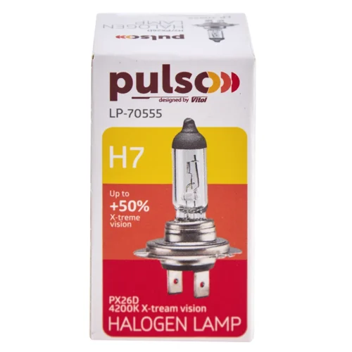 Упаковка лампи PULSO X-treme Vision H7 12V 55W +50% — передня сторона коробки