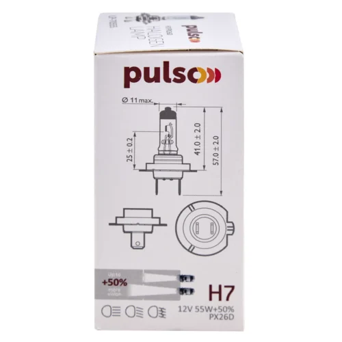 Схема та технічні параметри лампи PULSO H7 12V 55W +50% на упаковці