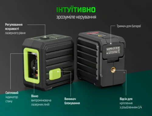 Лазерний рівень Alloid Pro LL-2218 2D — інфографіка з елементами керування, батарейним відсіком і кріпленням 1/4