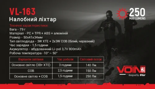 Ліхтар налобний VOIN VL-167 COB+XPE, 800 мАг, сенсор, регулювання кута - Зображення 7