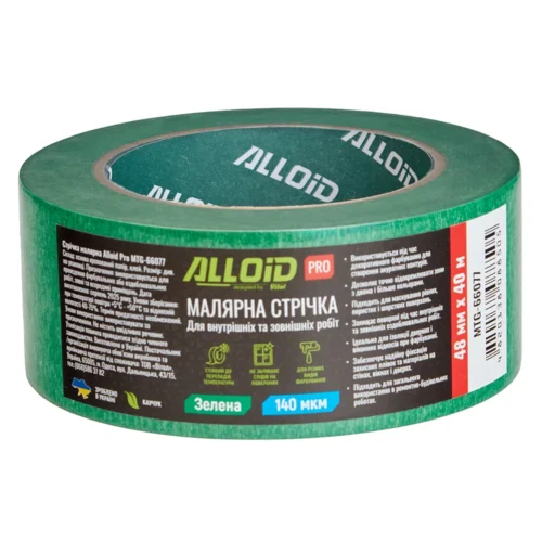 Малярна стрічка Alloid Pro зелена 48 мм × 40 м — фронтальний вигляд етикетки та характеристик