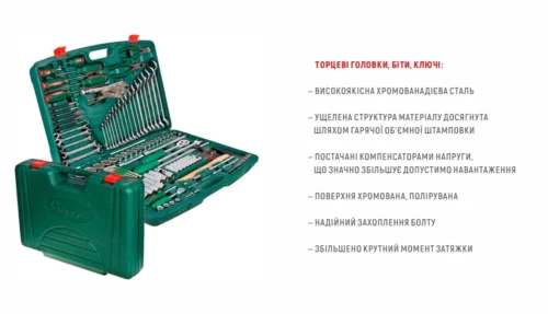 Набір HANS TK-158V 158 предметів — інфографіка про хромовану сталь, міцність і захоплення болта