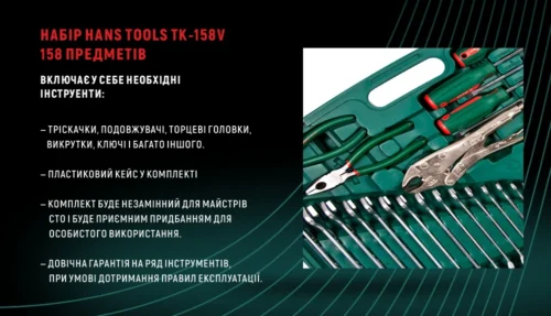 Набір HANS TK-158V 158 предметів 1/4" і 1/2" — інфографіка зі складом набору та пластиковим кейсом