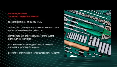 Набір HANS TK-158V 158 предметів — інфографіка про тріскачки, викрутки та шарнірно-губцевий інструмент