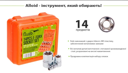 Інфографіка набору Alloid HTE-424K Torx E4-E24 на 14 предметів з описом кейса і сталі