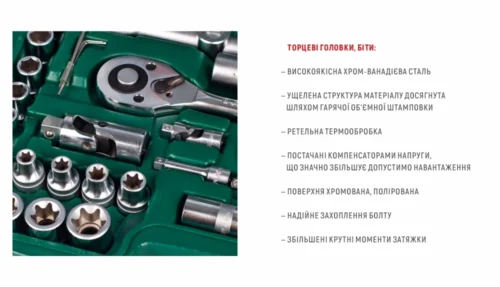 Детальна інфографіка Hans TK-108 з тріскачкою, головками та описом переваг набору на 108 предметів