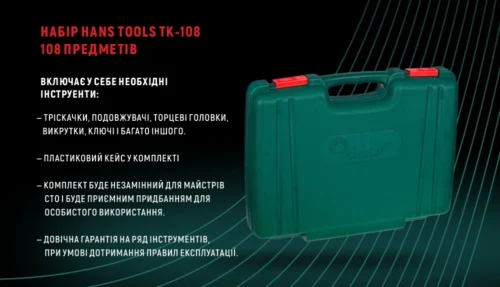 Інфографіка закритого кейса Hans TK-108 Professional із характеристиками набору на 108 предметів