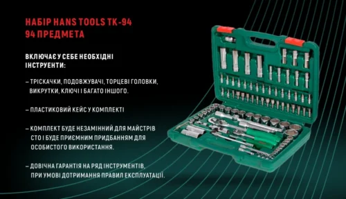 Набір HANS TK-94 94 предмети — інфографіка з основними інструментами, кейсом і довічною гарантією