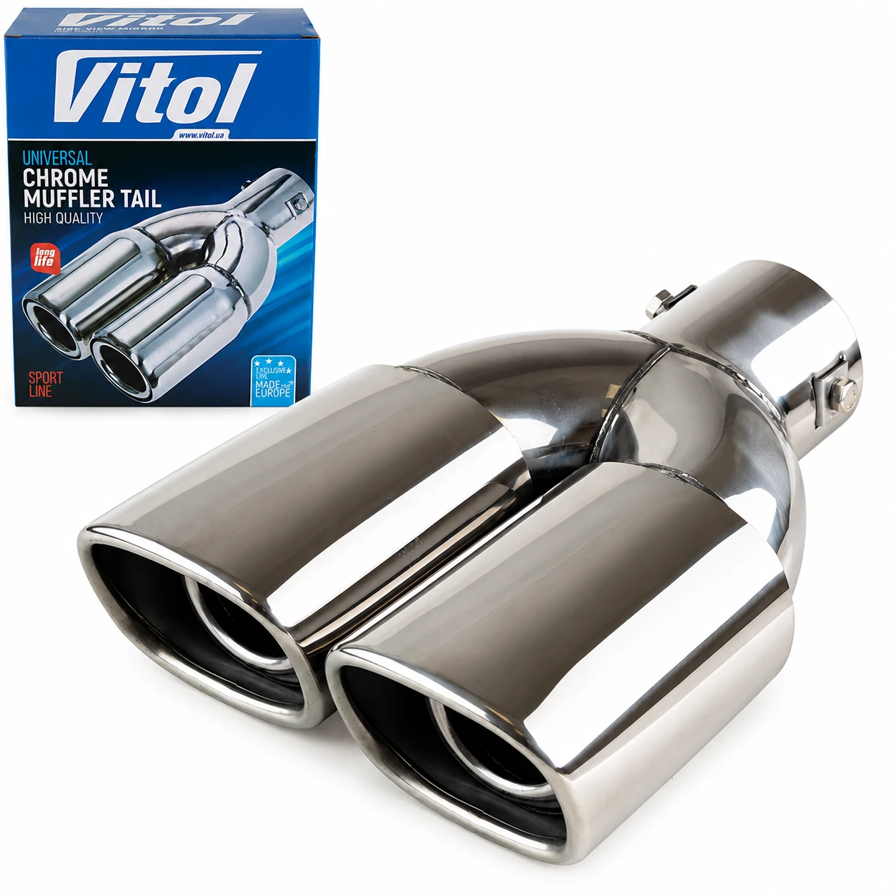 Насадка на глушник Vitol НГ-1154 подвійна d64/229 мм — загальний вигляд Насадка на глушник Vitol НГ-1154 подвійна d64/229 мм — загальний вигляд виробу з упаковкою