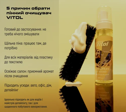 Інфографіка пінного очищувача VITOL 200 мл з перевагами та щіткою для чищення поверхонь