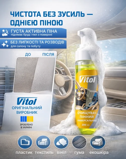 Рекламна інфографіка очищувача пінного VITOL 200 мл про чистоту салону авто та побутових поверхонь