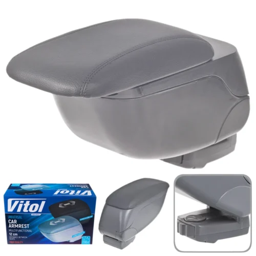 Автомобільний підлокітник Vitol HJ48014/G2 сірого кольору з екокожі — товар, коробка та деталі регулювання