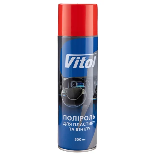 Фронтальна сторона балона поліролі VITOL Оранж фреш 500 мл для пластику та вінілу