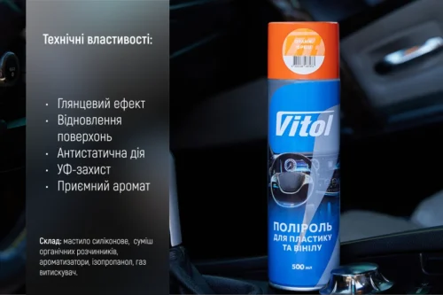 Поліроль VITOL Оранж фреш 500 мл — антистатичний ефект, блиск, захист від УФ та відновлення поверхонь