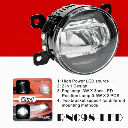 Протитуманна фара DLAA RN098-LED 12V 9W+1W 2в1 для Renault, HD, NS, MB та SZ — інфографіка з характеристиками та режимами роботи