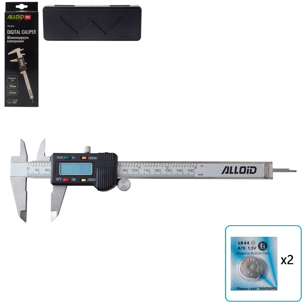 Штангенциркуль Alloid Pro PVC-0371 150 мм — повний комплект Електронний штангенциркуль Alloid Pro PVC-0371 150 мм 0,02 мм — комплект з кейсом, упаковкою і батарейками