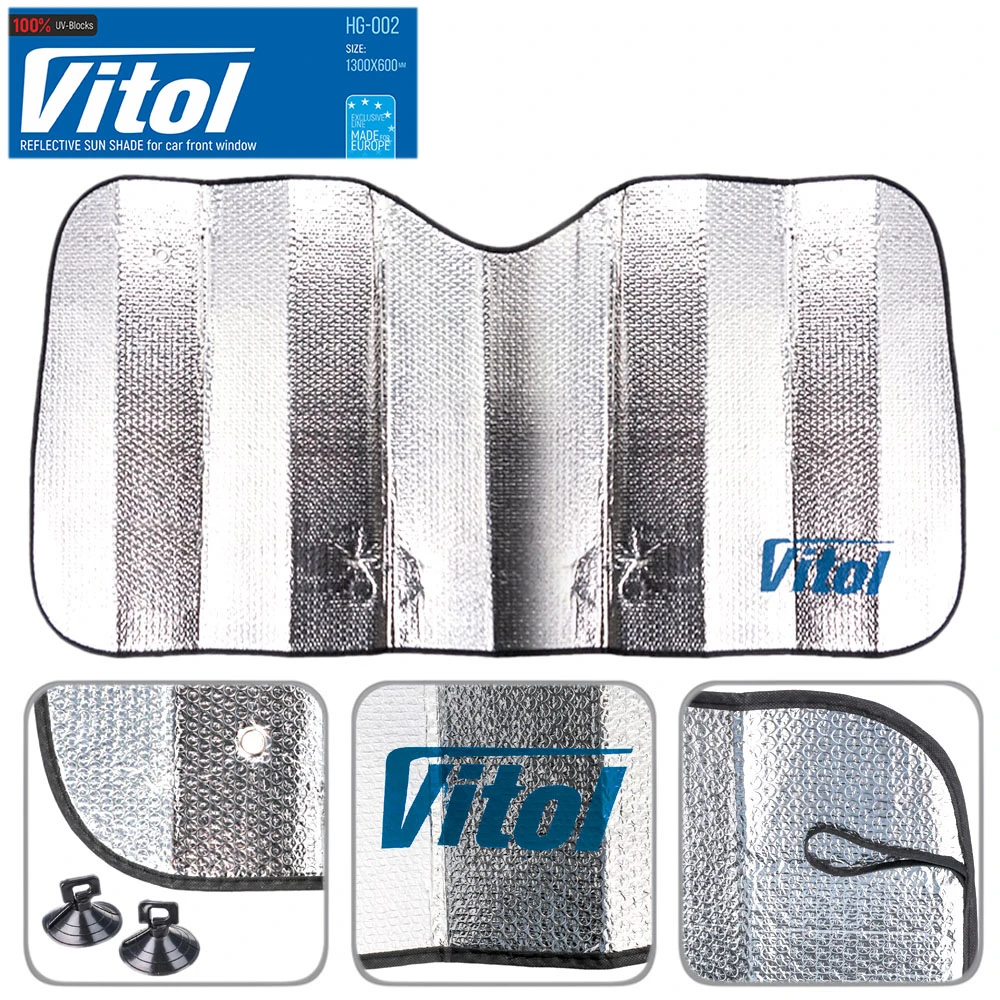 Шторка сонцезахисна Vitol HG-002 1300×600 мм для лобового скла Шторка сонцезахисна дзеркальна Vitol HG-002 1300×600 мм для лобового скла — загальний вигляд із комплектними присосками