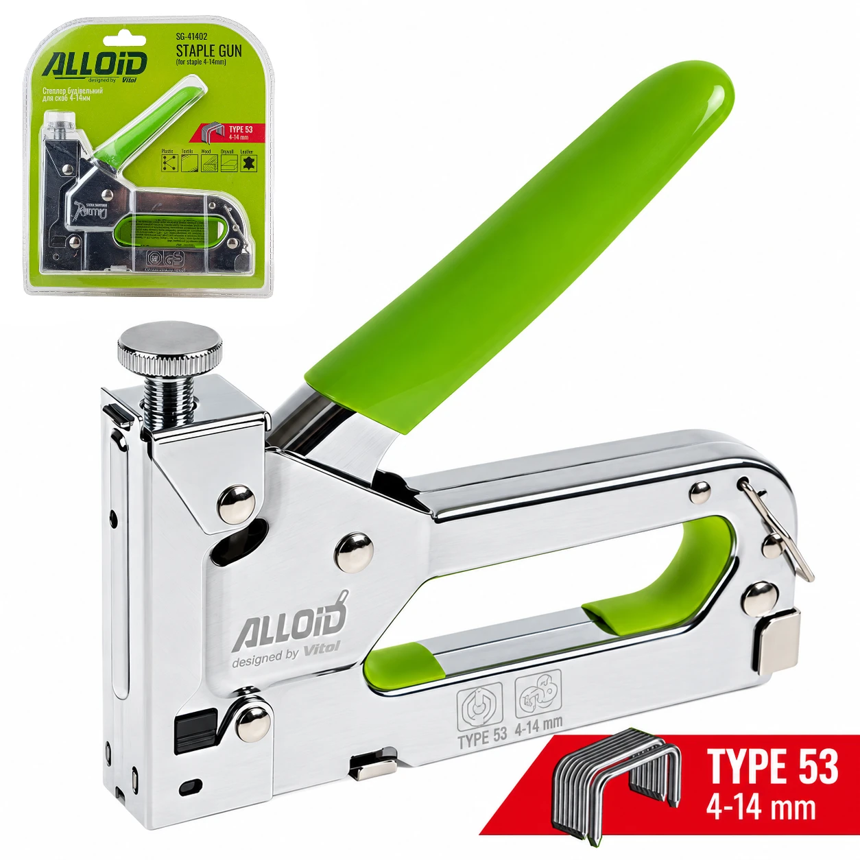 Степлер Alloid SG-41402 для скоб 4–14 мм — 40000 ударів Степлер будівельний Alloid SG-41402 для скоб 4–14 мм, ресурс 40000 ударів — загальний вигляд