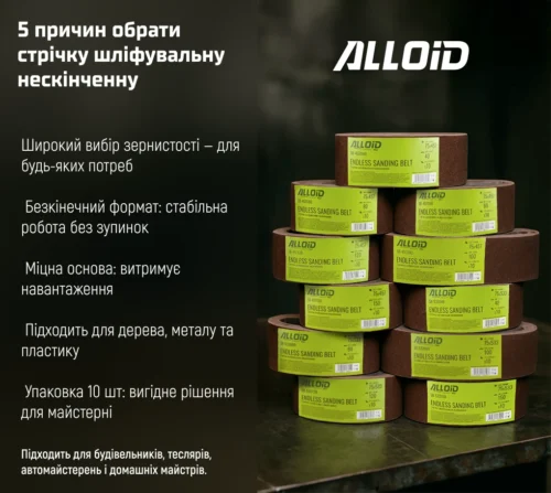 Інфографіка переваг шліфувальних стрічок Alloid 75×457 мм P80 для дерева, металу та пластику